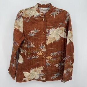 Vintage Two Potrio Jacket Womens Sz M Brown RustQuilted Birds Bamboo‎ Asian 90s